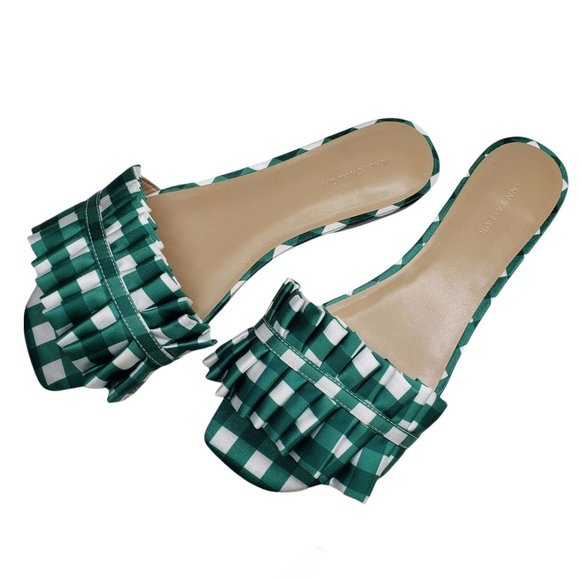Ann Taylor Shoes - Ann Taylor Gingham Check Pleated Ruffle Slides 7.5 Green Sandals Satin